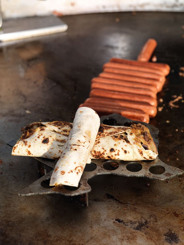 Grilled tortilla dog with all-beef hot dog and cheese