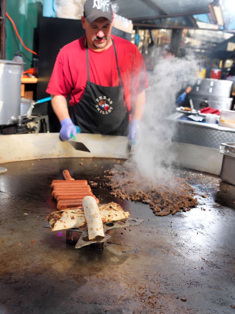 Skillet-grilled hot dog on the flat-top griddle